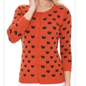 YEMAK Cute Cat Pattern 3/4-Sleeve Button-Down Cardigan Sweater Size S Orange